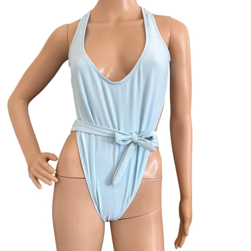 Lunar One Piece Swimsuit Size Medium Tie Waist Racerback Design Ris-K Beach Blue